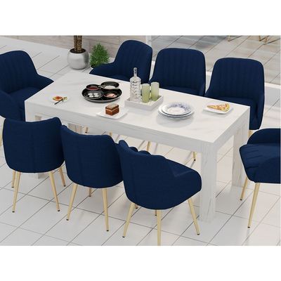 Mahmayi Modern 8-Seater Wooden Dining Table for Kitchen, Dining & Living Room - 180cm, White Levanto Marble Finish - Stylish Furniture for Compact Spaces or Apartments