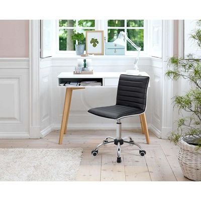 Mahmayi Mid Back Task Chair, Low Back Leather Swivel Office Chair, Vanity Chair for Makeup Room, Computer Desk Chair Retro with Armless Ribbed (Black)