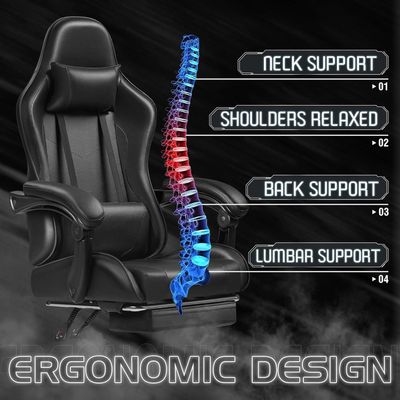 Mahmayi Gaming Chair, Video Game Chair with Footrest and Massage Lumbar Support, Ergonomic Computer Chair Height Adjustable with Swivel Seat and Headrest (Faux Leather, Black)