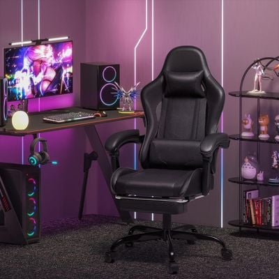 Mahmayi Gaming Chair, Video Game Chair with Footrest and Massage Lumbar Support, Ergonomic Computer Chair Height Adjustable with Swivel Seat and Headrest (Faux Leather, Black)