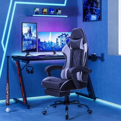 Mahmayi Gaming Chair, Computer Chair with Footrest and Massage Lumbar Support, Ergonomic High Back Video Game Chair with Swivel Seat and Headrest (White)