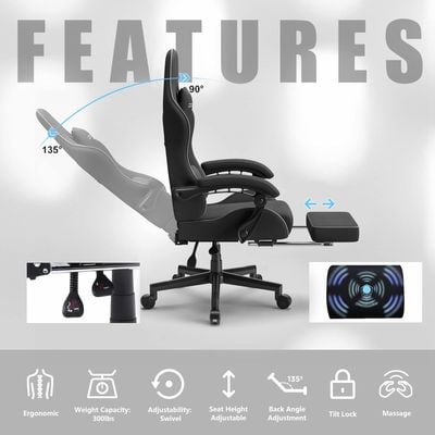 Dowinx Gaming Chair Fabric with Pocket Spring Cushion, Massage Game Chair Cloth with Headrest, Ergonomic Computer Chair with Footrest 290LBS, Black by Mahmayi