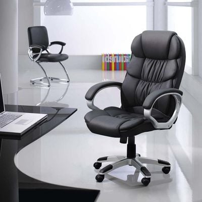 Mahmayi Office Chair High Back Computer Desk Chair, PU Leather Adjustable Height Modern Executive Swivel Task Chair with Padded Armrests and Lumbar Support (Black)