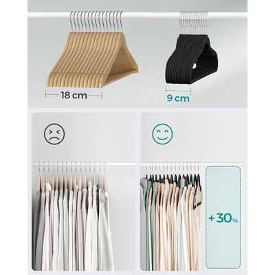 Mahmayi Velvet Hangers, Pack 50 Coat Hangers for Clothes, Non-Slip, with Shoulder Notches, Trouser Bar, 360° Swivel Hook, Space-Saving, 0.6 cm Thick, 43 cm Long, Classic Black CRF029B05