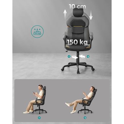 Songmics Mahamyi OBG066B01 Office Chair, Adjustable Height, PU and Cotton Linen Surface, Adjustable Headrest, Padded Armrests, Reclining Backrest, Load 150 kg, Classic Black by Mahmayi