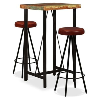 Bar Set 3 Pieces Solid Reclaimed Wood and Genuine Leather