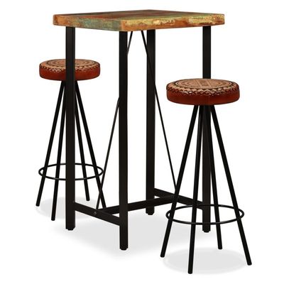 Bar Set 3 Pieces Solid Reclaimed Wood, Genuine Leather & Canvas