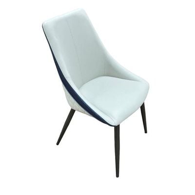 Wooden Twist Darn Back Stitching Design Leatherette Upholstery Metal Legs Dining Chair ( Light Grey & Blue )