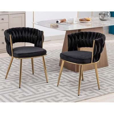 Wooden Twist Woven Carved Backrest Velvet Upholstery and Metal Legs Elegant Seating Dining Chair for Cafe, Restaurant, and Home