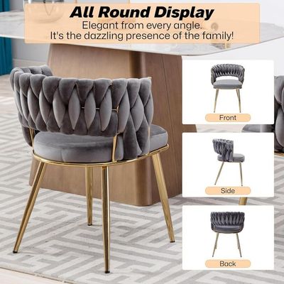 Wooden Twist Woven Carved Backrest Velvet Upholstery and Metal Legs Elegant Seating Dining Chair for Cafe, Restaurant, and Home