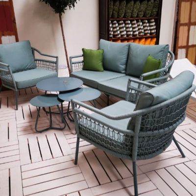 Sardinia Blue 4-seater Sofa Set Alumimum Frame covered in Rope Fiber with Cushions in Synthetic Fiber with 3 Nesting Tables
