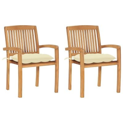 Garden Chairs 2 pcs with Cream White Cushions Solid Teak Wood