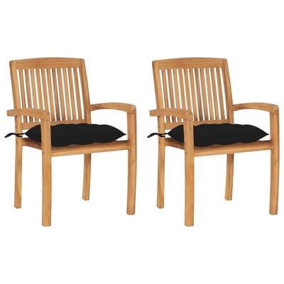 Garden Chairs 2 pcs with Black Cushions Solid Teak Wood