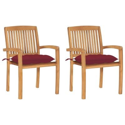 Garden Chairs 2 pcs with Wine Red Cushions Solid Teak Wood