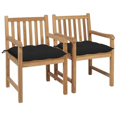 Garden Chairs 2 pcs with Black Cushions Solid Teak Wood