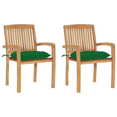 Garden Chairs 2 pcs with Green Cushions Solid Teak Wood