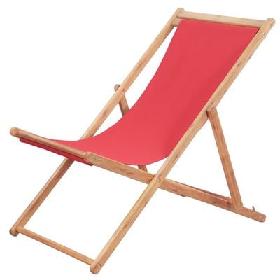 Folding Beach Chair Fabric and Wooden Frame Red