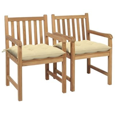 Garden Chairs 2 pcs with Cream White Cushions Solid Teak Wood