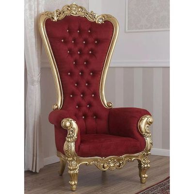 Wooden Twist Luxurious Teak Wood High Back Throne Chair Golden Leaf Velvet Fabric