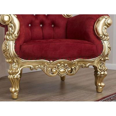 Wooden Twist Luxurious Teak Wood High Back Throne Chair Golden Leaf Velvet Fabric