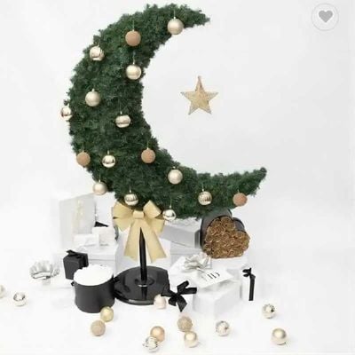 Ramadan Crescent Moon Tree Green Color 90cm with 60 string Lights Battery Operated, 8 Balls, Star & Bow