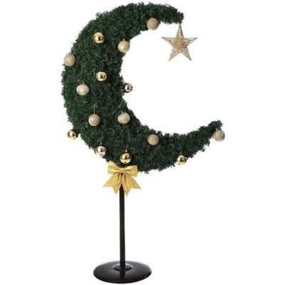 Ramadan Crescent Moon Tree Green Color 90cm with 60 string Lights Battery Operated, 8 Balls, Star & Bow