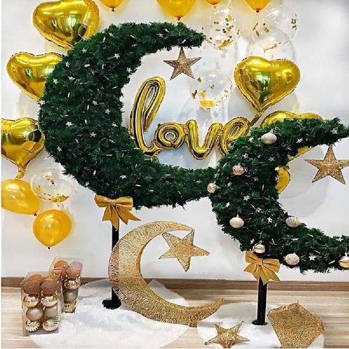 Ramadan Crescent Moon Tree Green Color 180cm with 100 string Lights Battery Operated, 16 Balls, Star & Bow
