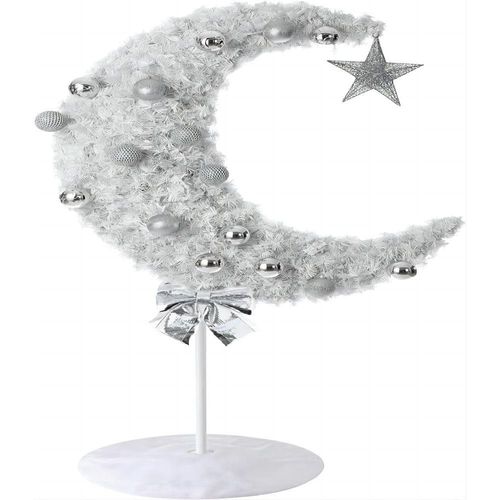 Ramadan Crescent Moon Tree White Color 90cm  with 60 string Lights Battery Operated, 8 Balls, Star & Bow
