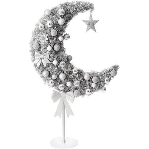 Ramadan Crescent Moon Tree Silver Color 90cm  with 60 string Lights Battery Operated, 8 Balls, Star & Bow