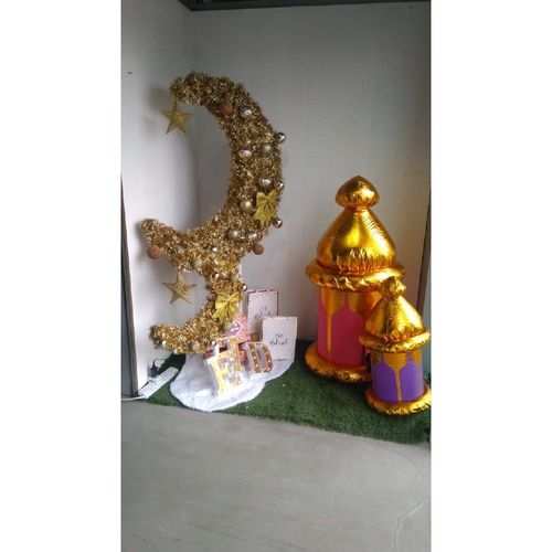 Ramadan Crescent Moon Tree Gold Color 90cm  with 60 string Lights Battery Operated, 8 Balls, Star & Bow