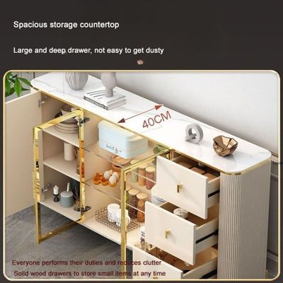 Buffet Sideboard Storage Cabinet Coffee Bar Stone Countertop, 2 Tempered Glass Doors and 3 Drawers - 154W * 40D * 99H