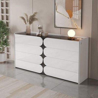 Sideboard Chest Drawers in Transparent Glass Top with LED Interior Lighting + 140L*35D*90H + White & Black