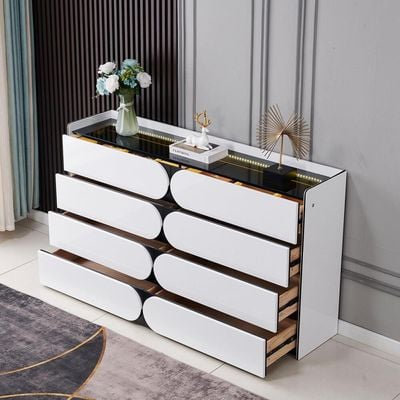 Sideboard Chest Drawers in Transparent Glass Top with LED Interior Lighting + 140L*35D*90H + White & Black