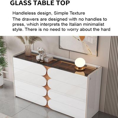 Sideboard Chest Drawers in Transparent Glass Top with LED Interior Lighting + 140L*35D*90H +White & Orange