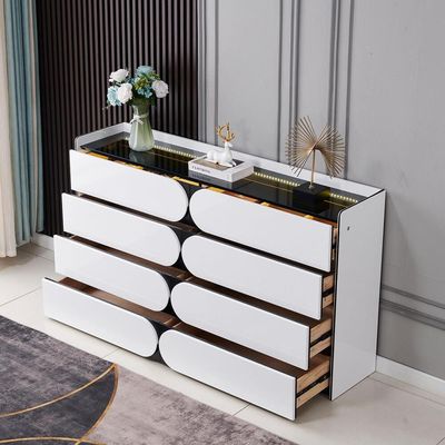 Sideboard Chest Drawers in Transparent Glass Top with LED Interior Lighting + 140L*35D*90H +White & Orange