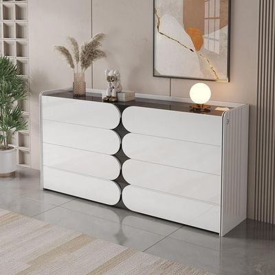 Sideboard Chest Drawers in Transparent Glass Top with LED Interior Lighting + 140L*35D*90H +White & Orange