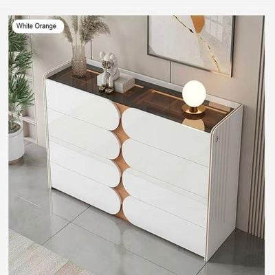 Sideboard Chest Drawers in Transparent Glass Top with LED Interior Lighting + 140L*35D*90H +White & Orange