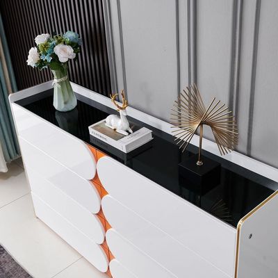 Sideboard Chest Drawers in Transparent Glass Top with LED Interior Lighting + 140L*35D*90H +White & Orange