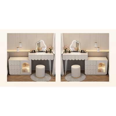 طاولة زينة للمكياج تسريحة بيضاء لغرفة النوم مع كرسي ومرآة مضيئة ذكية +120 سم.