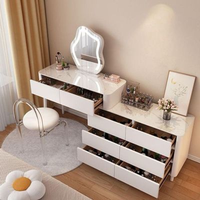 Modern Makeup Vanity Table, Solid Wood Dressing Desk with Lighted Mirror, Side Chest of Drawers and Chair for Bedroom +White + 120 