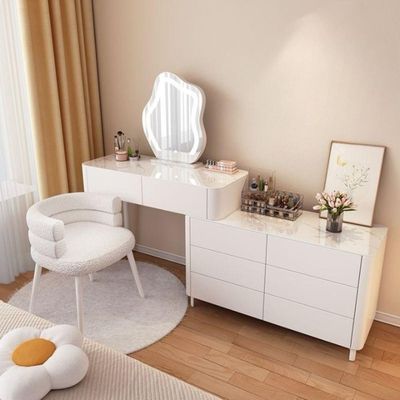 Modern Makeup Vanity Table, Solid Wood Dressing Desk with Lighted Mirror, Side Chest of Drawers and Chair for Bedroom +White + 120 