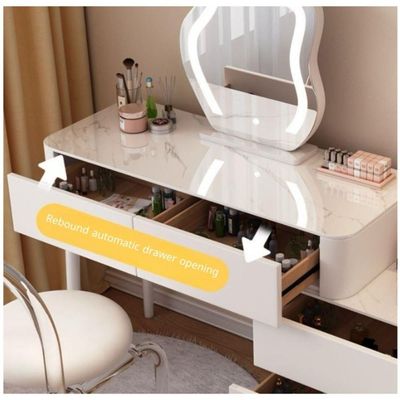 Modern Makeup Vanity Table, Solid Wood Dressing Desk with Lighted Mirror, Side Chest of Drawers and Chair for Bedroom +White + 120 