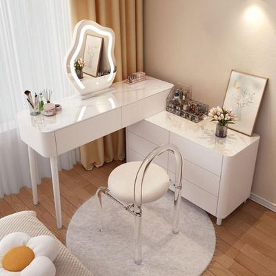 Modern Makeup Vanity Table, Solid Wood Dressing Desk with Lighted Mirror, Side Chest of Drawers and Chair for Bedroom +White + 120 