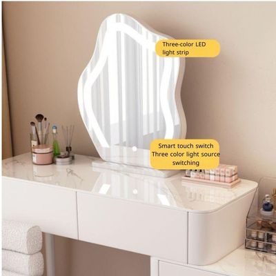 Modern Makeup Vanity Table, Solid Wood Dressing Desk with Lighted Mirror, Side Chest of Drawers and Chair for Bedroom +White + 120 