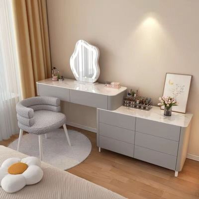 Modern Makeup Vanity Table, Solid Wood Dressing Desk with Lighted Mirror, Side Chest of Drawers and Chair for Bedroom + Gray + 120cm