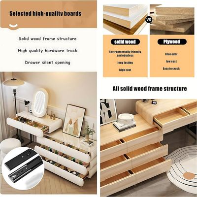 Modern Makeup Vanity Table, Solid Wood Dressing Desk with Lighted Mirror, Side Chest of Drawers and Chair for Bedroom + White