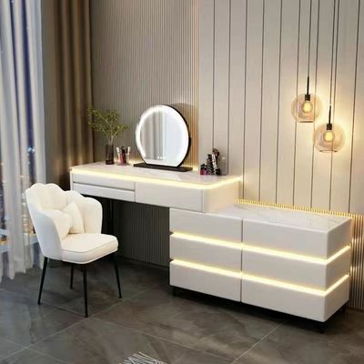 AWD Luminous Dressing Table with Smart Mirror, Chest of Drawers and Chair + White + 6 Drawers