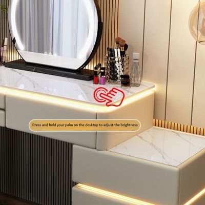 AWD Luminous Dressing Table with Smart Mirror, Chest of Drawers and Chair + White + 6 Drawers