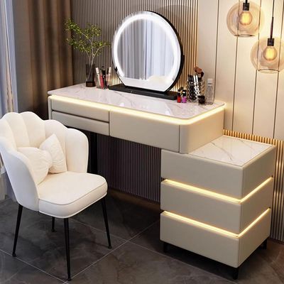 Luminous Dressing Table with Smart Mirror, Chest of Drawers and Chair - Beige - 3 SIde Drawers