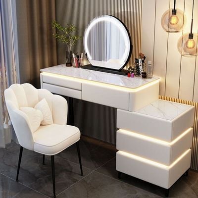 Luminous Dressing Table with Smart Mirror, Chest of Drawers and Chair  + White + 3 drawers